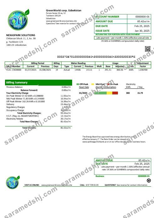 Uzbekistan GreenWorld business utility bill template in Word and PDF  format, fully editable
